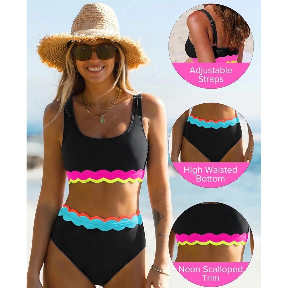 NWT Popvil Neon Scalloped Bikini Set High Waist Sporty Black Small - Picture 4 of 7